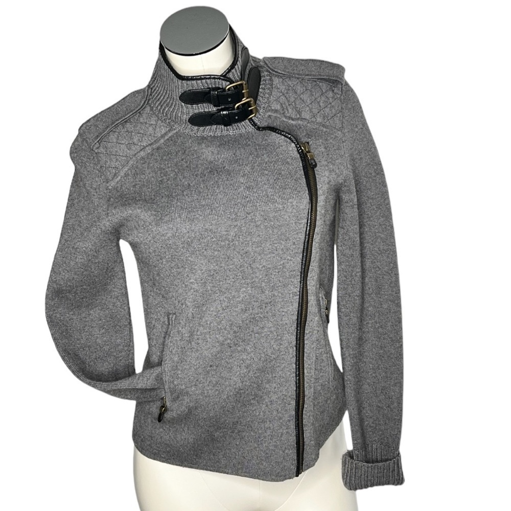ANN TAYLOR Full Zip Buckle Collar Grey Wool Knit Moto Sweater Size S